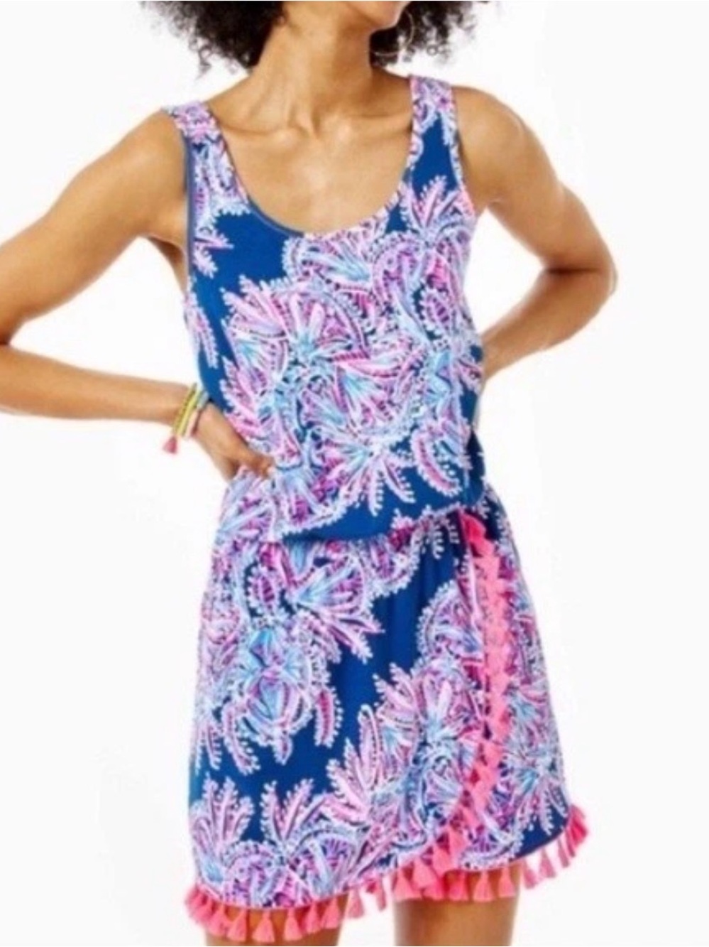Lilly Pulitzer Miss Shell Jarrett Romper XS Navy Pink Tropical Paisley Tassel